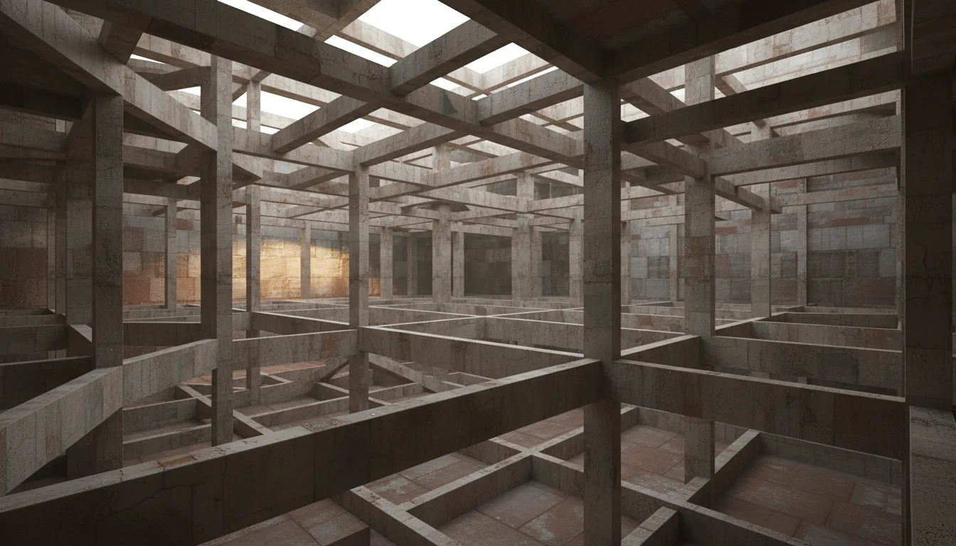3D render in the style of professional architectural photography, a multi-level brutalist atrium with a complex, labyrinthine network of interlocking raw concrete beams, columns, and walkways, inspired by visualizations from Rhino and Twinmotion. The scene is captured with a DSLR camera, showing the rough, weathered texture and imperfections of the concrete in sharp focus. The lighting is a dramatic mix of soft, diffuse natural daylight from an unseen source above, creating deep shadows, contrasted with warm, cinematic spotlights casting a gentle glow on a distant block wall. The atmosphere is moody and monumental, with a muted, earth-toned color palette.