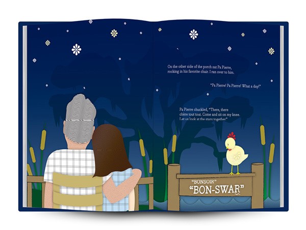 An open book displays a nighttime scene with two figures seated on a bench, viewed from behind. The left figure has gray hair and wears a checkered shirt; the right figure has brown hair and wears a light blue shirt. A yellow chicken stands on a sign labeled “BONSOIR “BON-SWAR”” next to the bench. Cattails grow beside the sign, and stars are scattered across the dark blue sky. Text on the right page reads, “On the other side of the porch sit Pa Pierre, rocking in his favorite chair I ran over to him. “Pa Pierre! Pa Pierre! What a day!” and “Pa Pierre chuckled, “There, there chère tout tout. Come and sit on my knee. I let sit look at the stars together.””