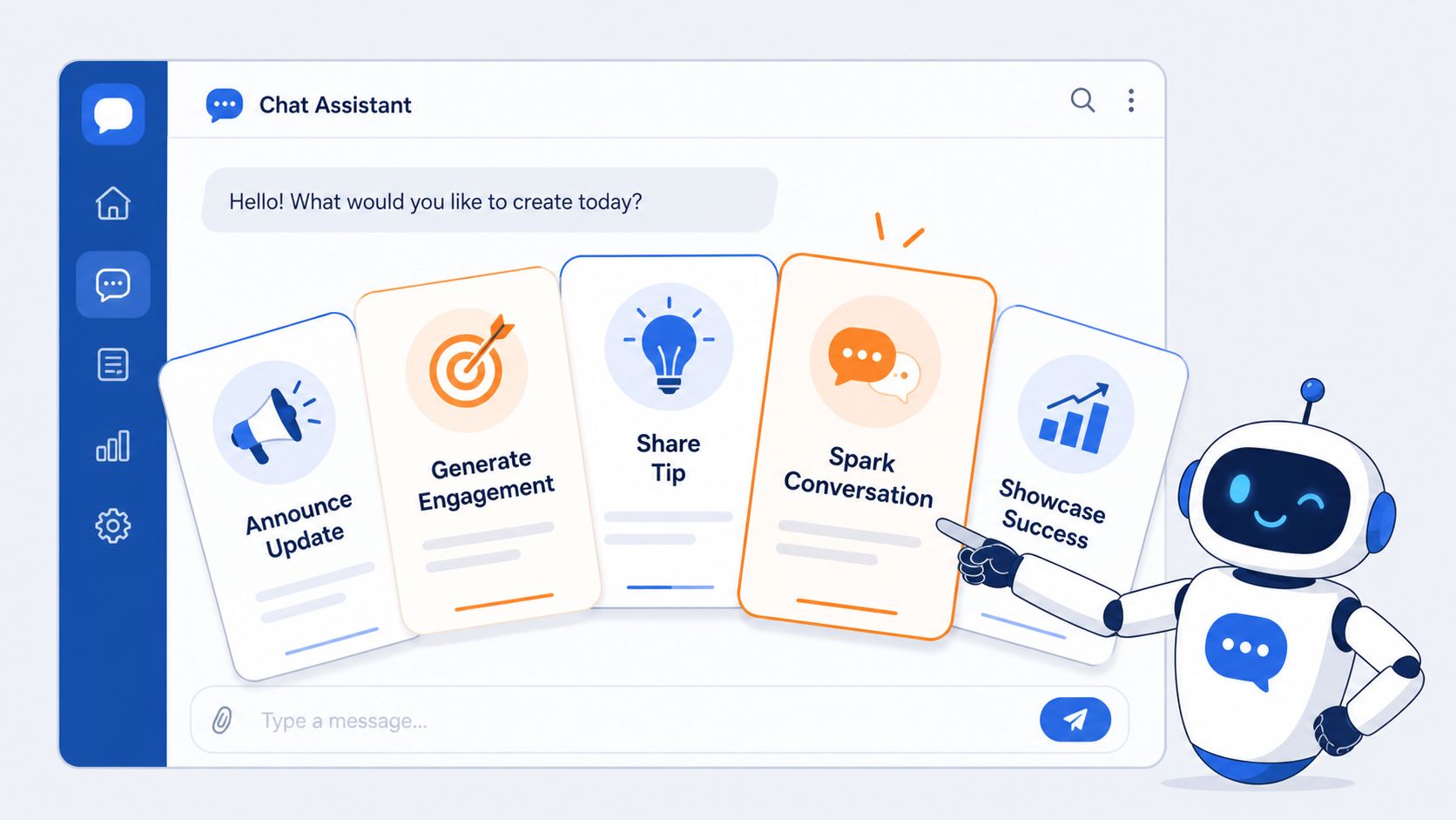 A friendly AI chatbot pointing at interactive cards for generating social media content like tweets and posts.
