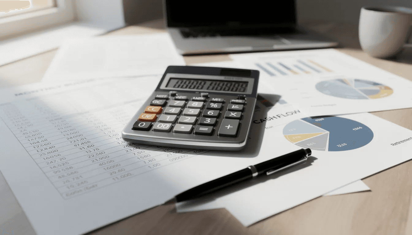 A calculator rests on top of various financial planning documents, which likely include information about Roth IRA contributions, traditional IRA accounts, and tax-related details such as income limits and tax returns. This setup suggests a focus on financial strategies for managing investments and retirement savings.