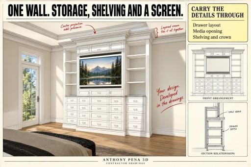 Bedroom built-in cover showing a central screen above drawer storage and between open shelves.