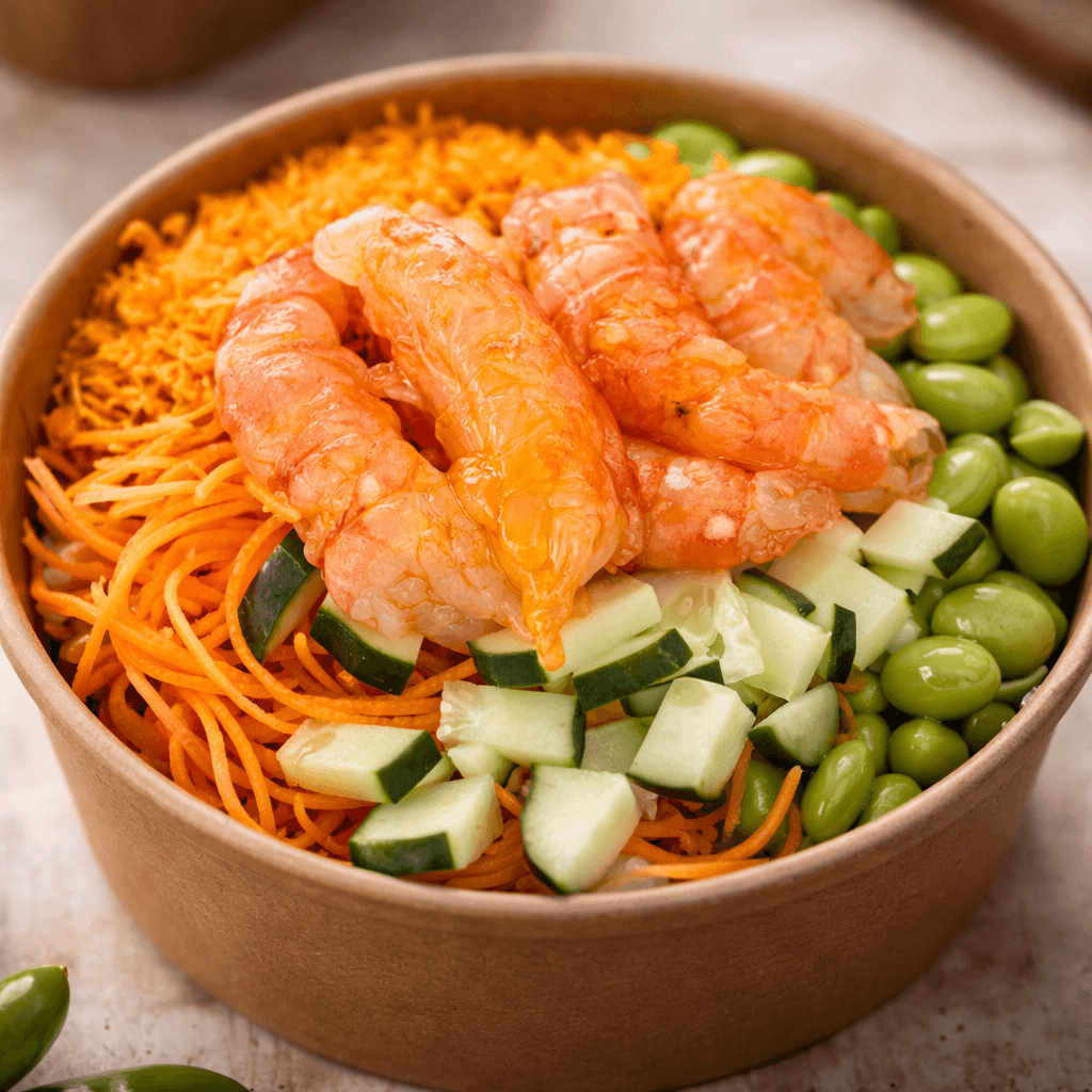 Insalata di mare con gamberi, verdure fresche e pasta fredda al lido Urlamare