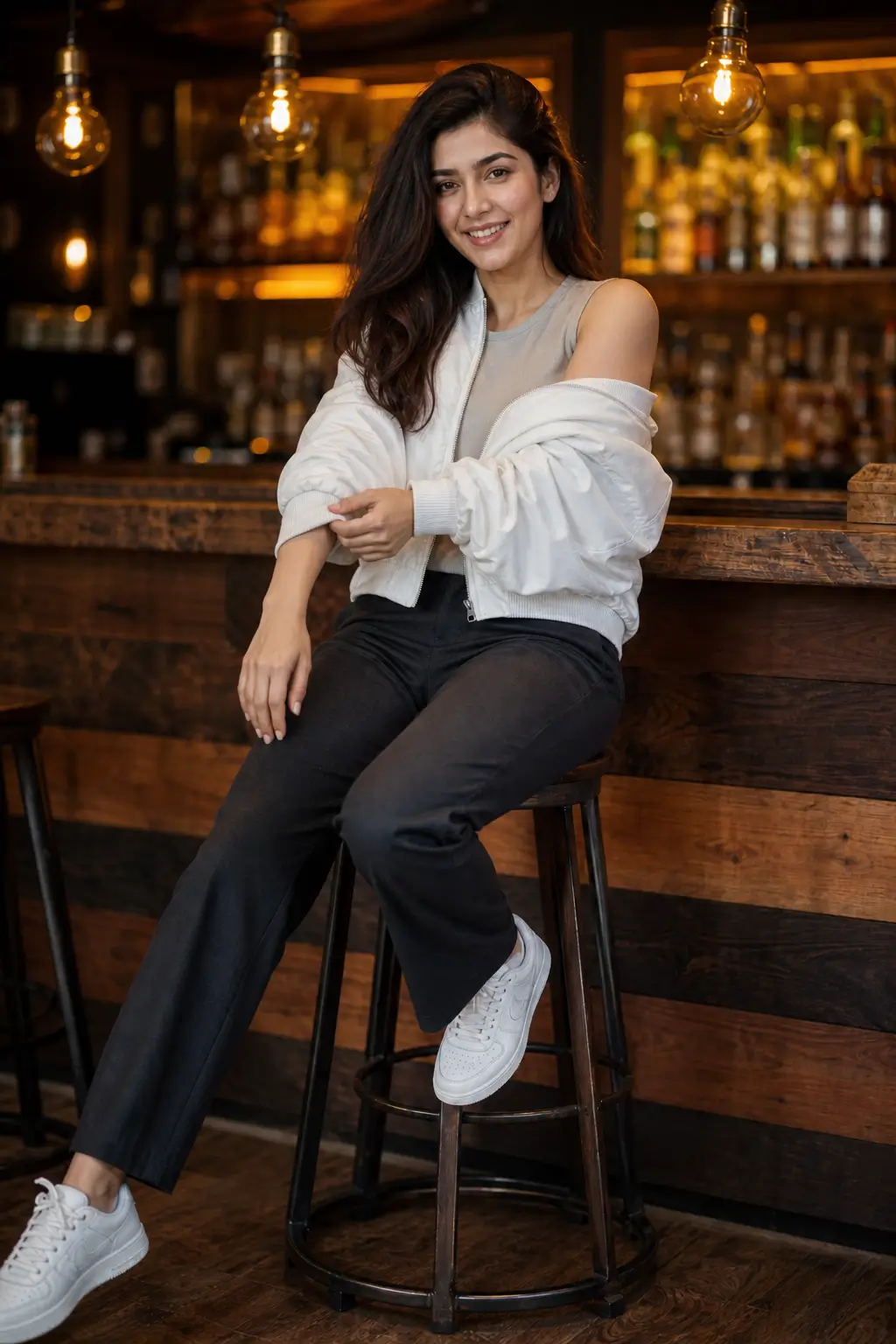 AI-generated lifestyle portrait of a smiling woman seated inside a stylish café with warm ambient lighting.