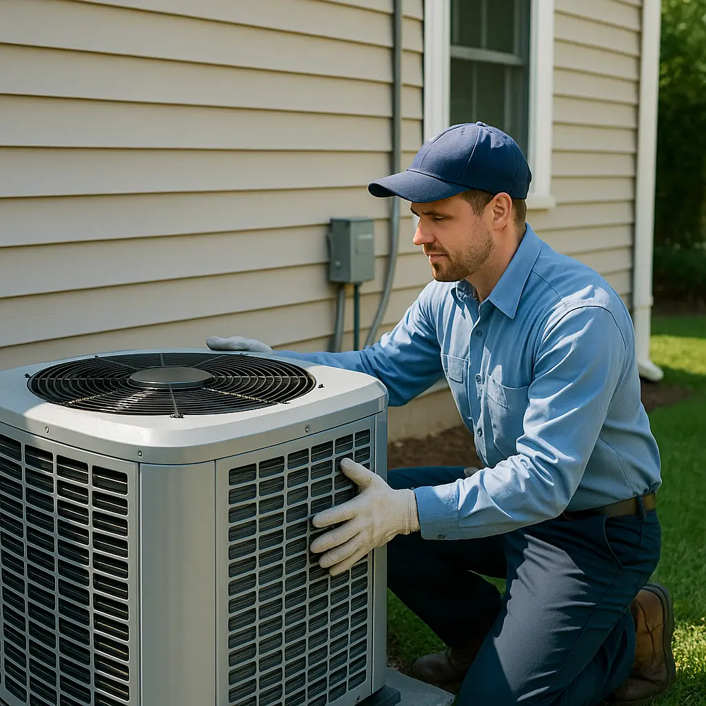 HVAC technician installing a modern air conditioning unit outside a home, emphasizing professional AC installation services for energy efficiency and comfort.