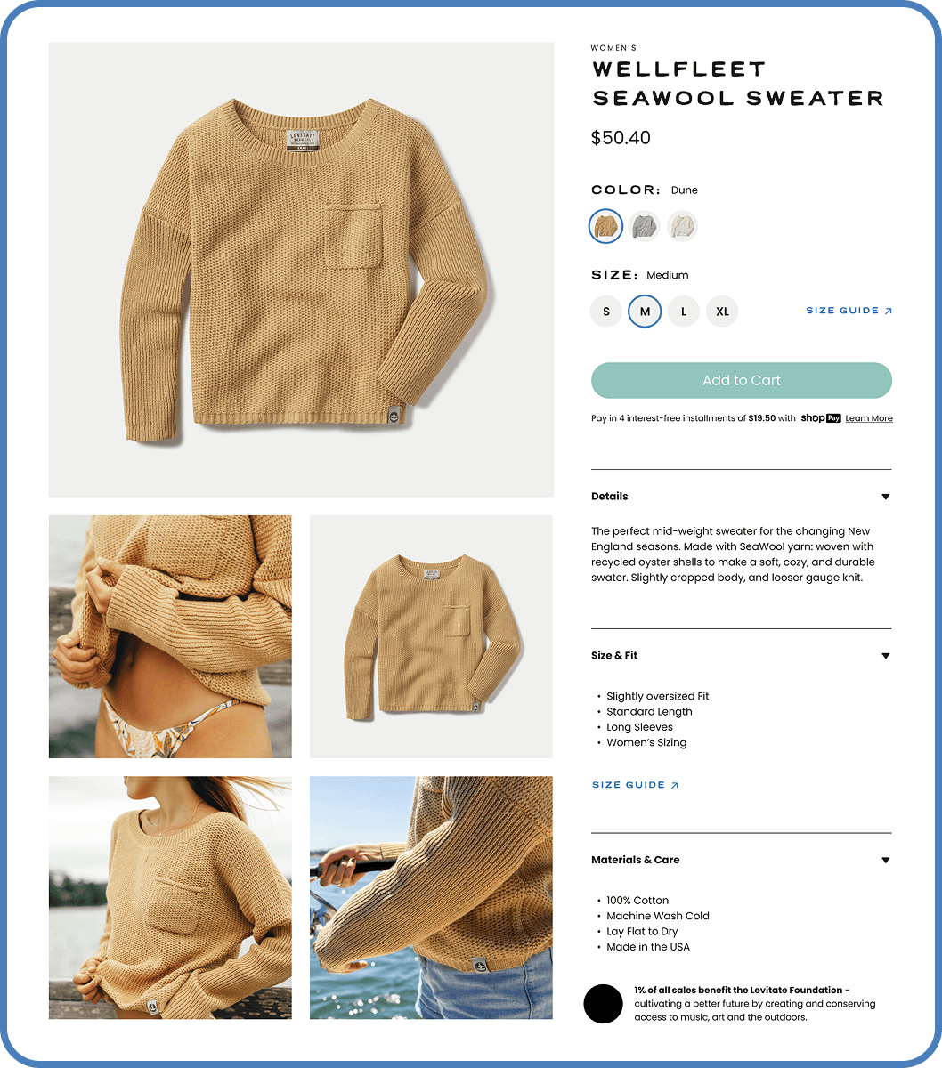 Screenshot of a Levitate product page for the Wellfleet Seawool Sweater