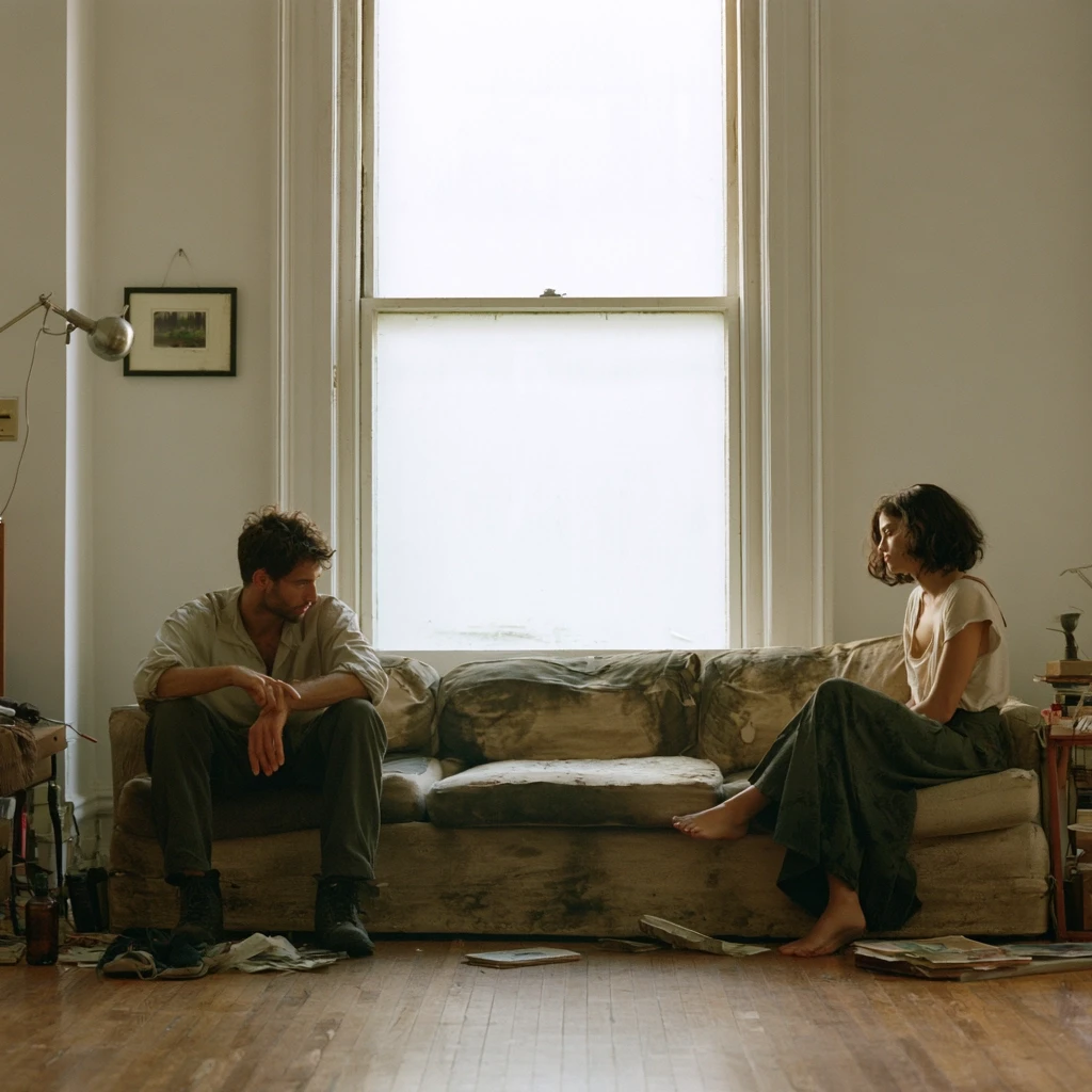 Couple sitting on a sofa in silence, looking in different directions