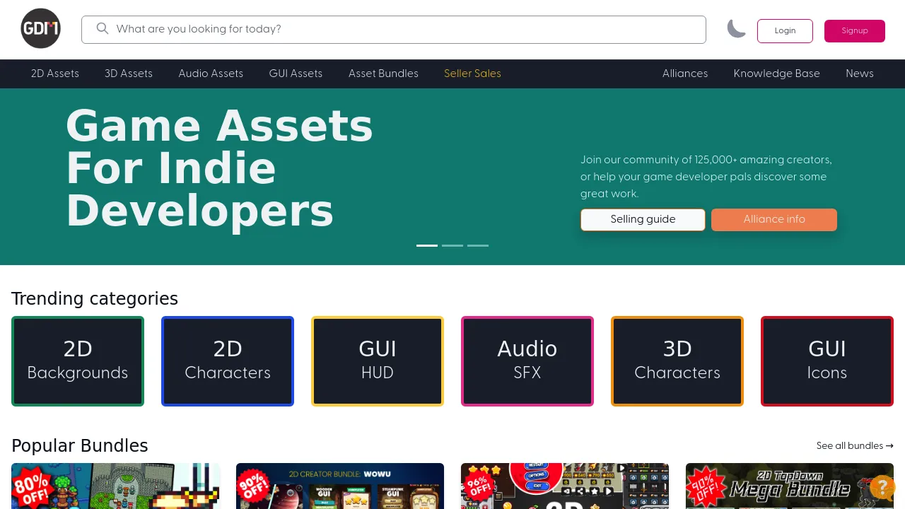 Screenshot of the GameDev Market website displaying indie game assets and resources marketplace