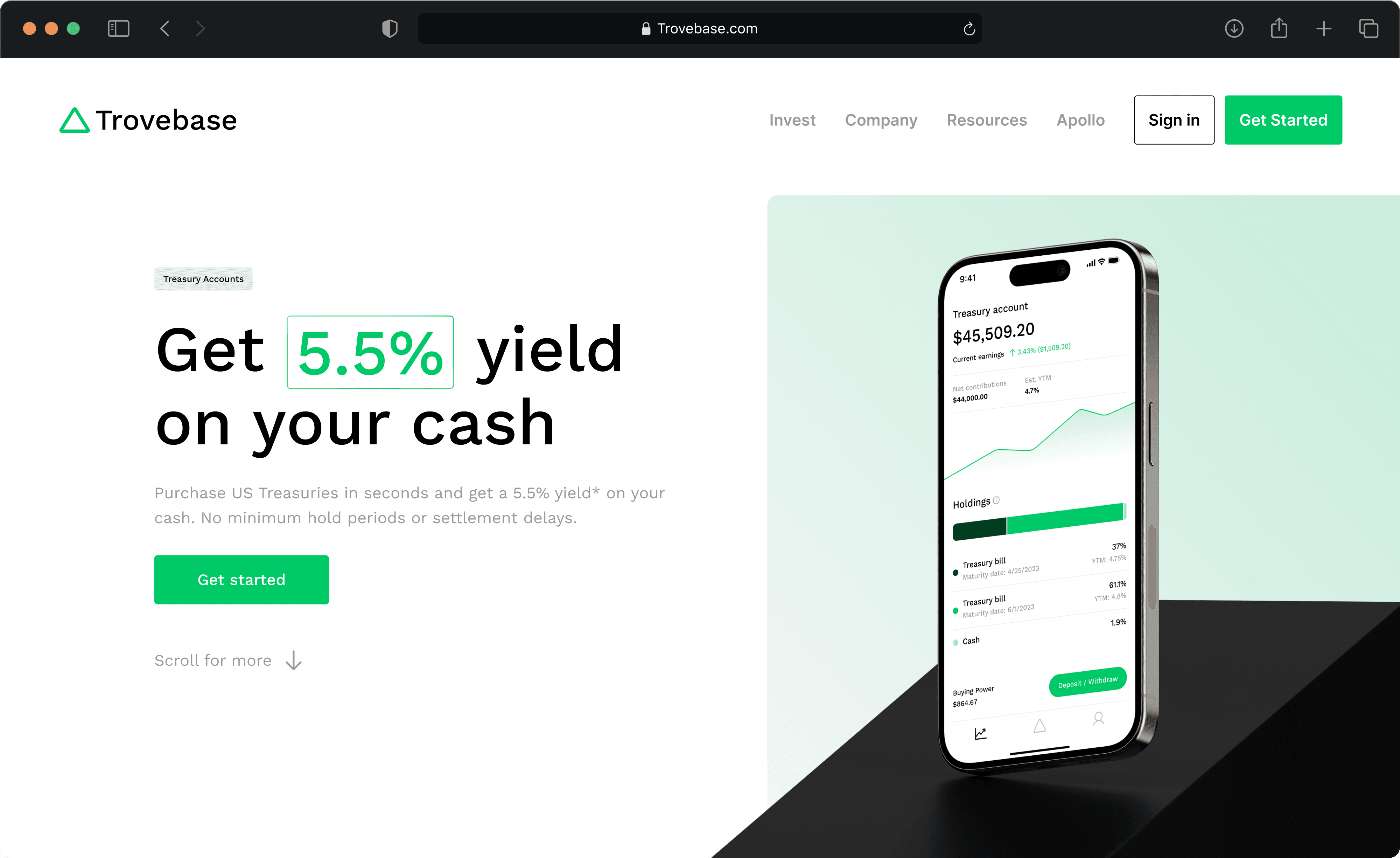 Trovebase website with app mockup and an h1 that says "Get 5.5% yeild on your cash, it has a green linear gradient behing the mockup and also a green border around the ttext that says "5.5%"