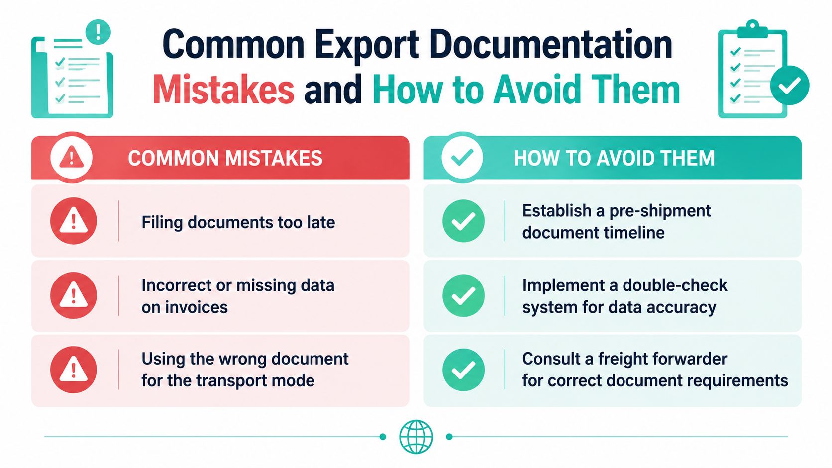 A graphic infographic detailing three common export documentation mistakes and actionable strategies to avoid them effectively.