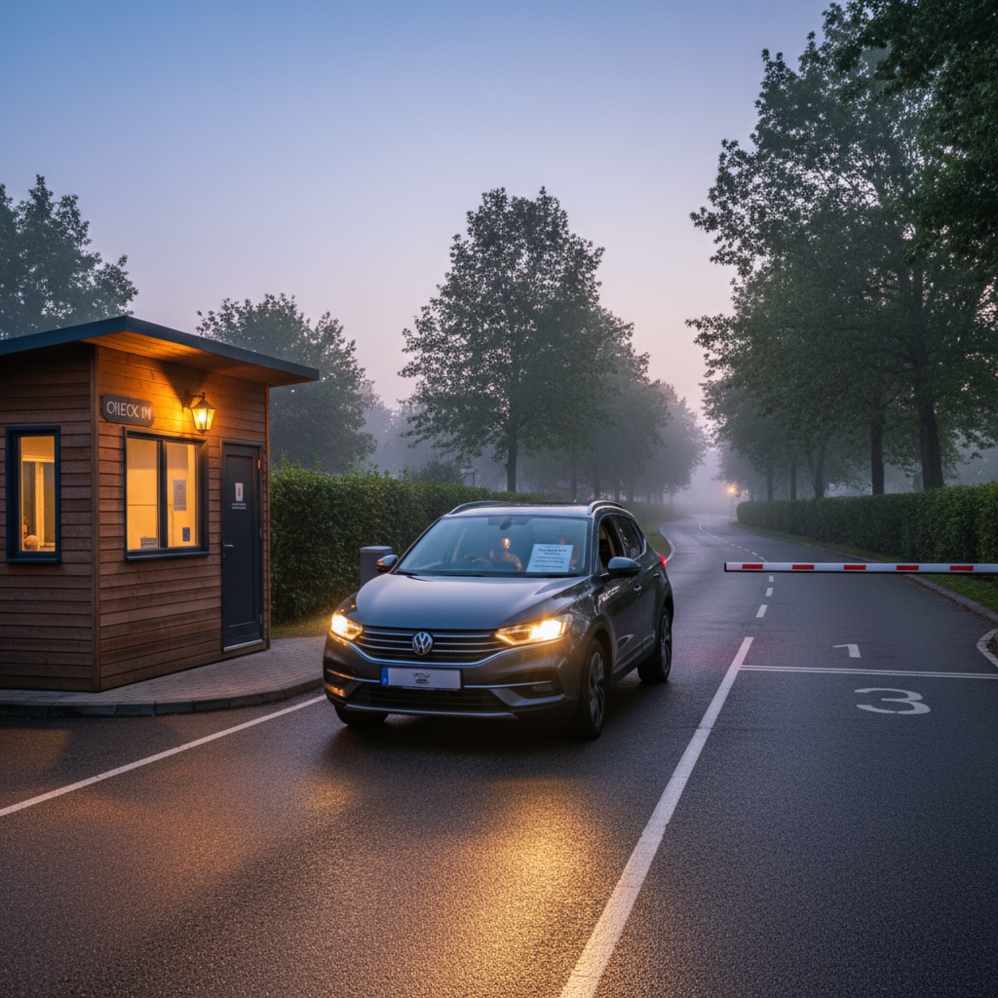 Bei Dämmerung rollt ein Auto langsam an die Parkschranke, sanftes Licht im Innenraum. Auf dem Armaturenbrett liegt eine gedruckte Anreiseinfo, das Fenster ist halb geöffnet. Eine kleine Laterne beleuchtet das Ticket-Haus. Hinter der Schranke führen weiße Markierungen zu den nummerierten Wegen zwischen Bäumen.