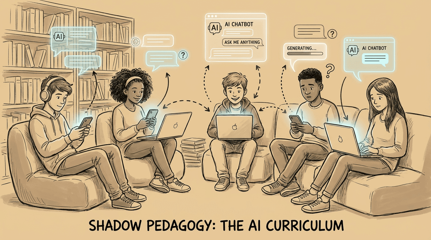 A group of teens using AI chatbots on their devices, illustrating the concept of a shadow AI curriculum.