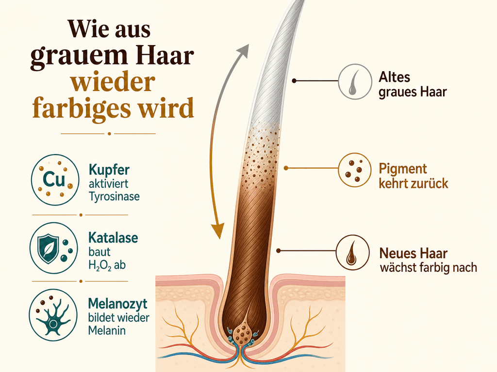 Wie die natürliche Farbe ins Haar zurückkehrt – die Melanin-Produktion wird reaktiviert.