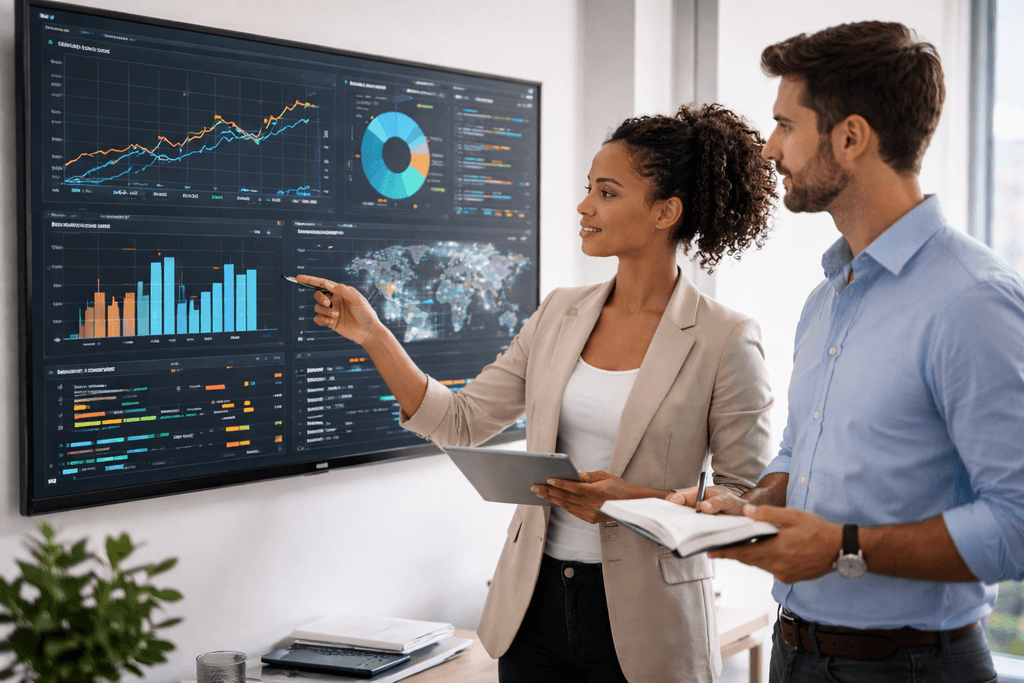 two business professionals in a bright office reviewing data on a large screen