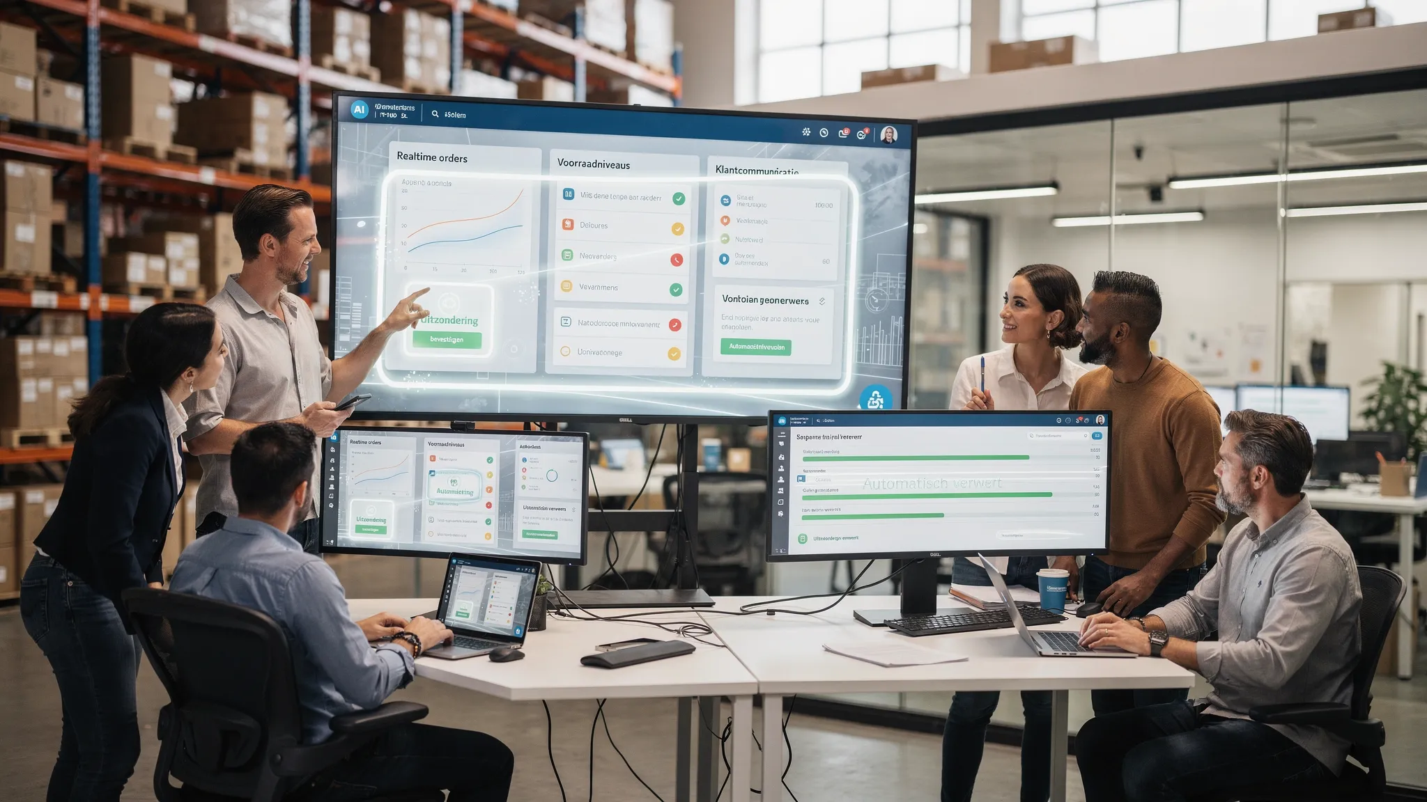 Een operations-team in een magazijn en kantooromgeving dat samenwerkt met een AI-assistent op schermen, die realtime orders, voorraadniveaus en klantcommunicatie toont. Mensen bevestigen uitzonderingen terwijl de meeste taken automatisch verlopen.