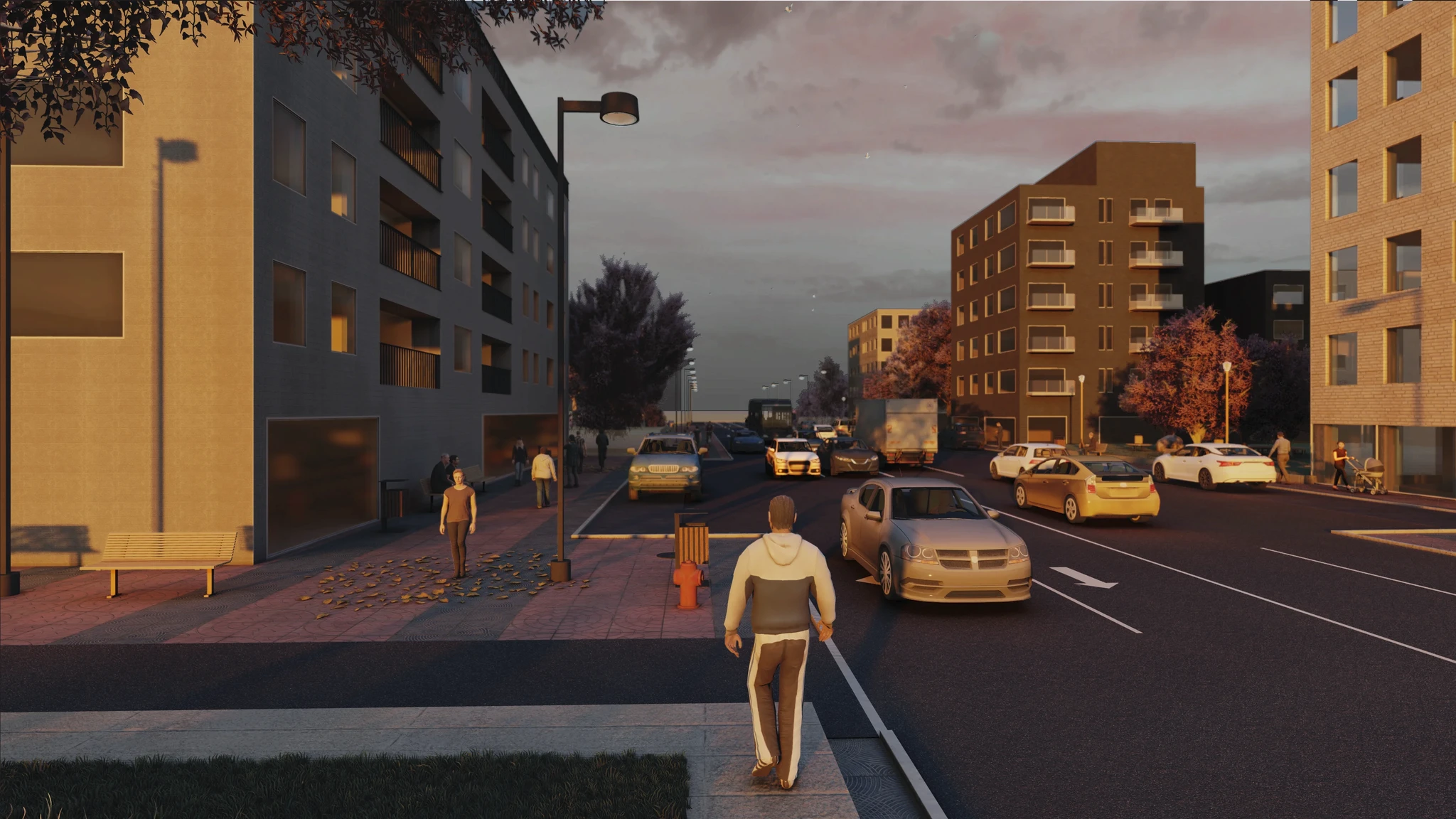 A city street bustling with pedestrians walking amidst buildings and shops.
