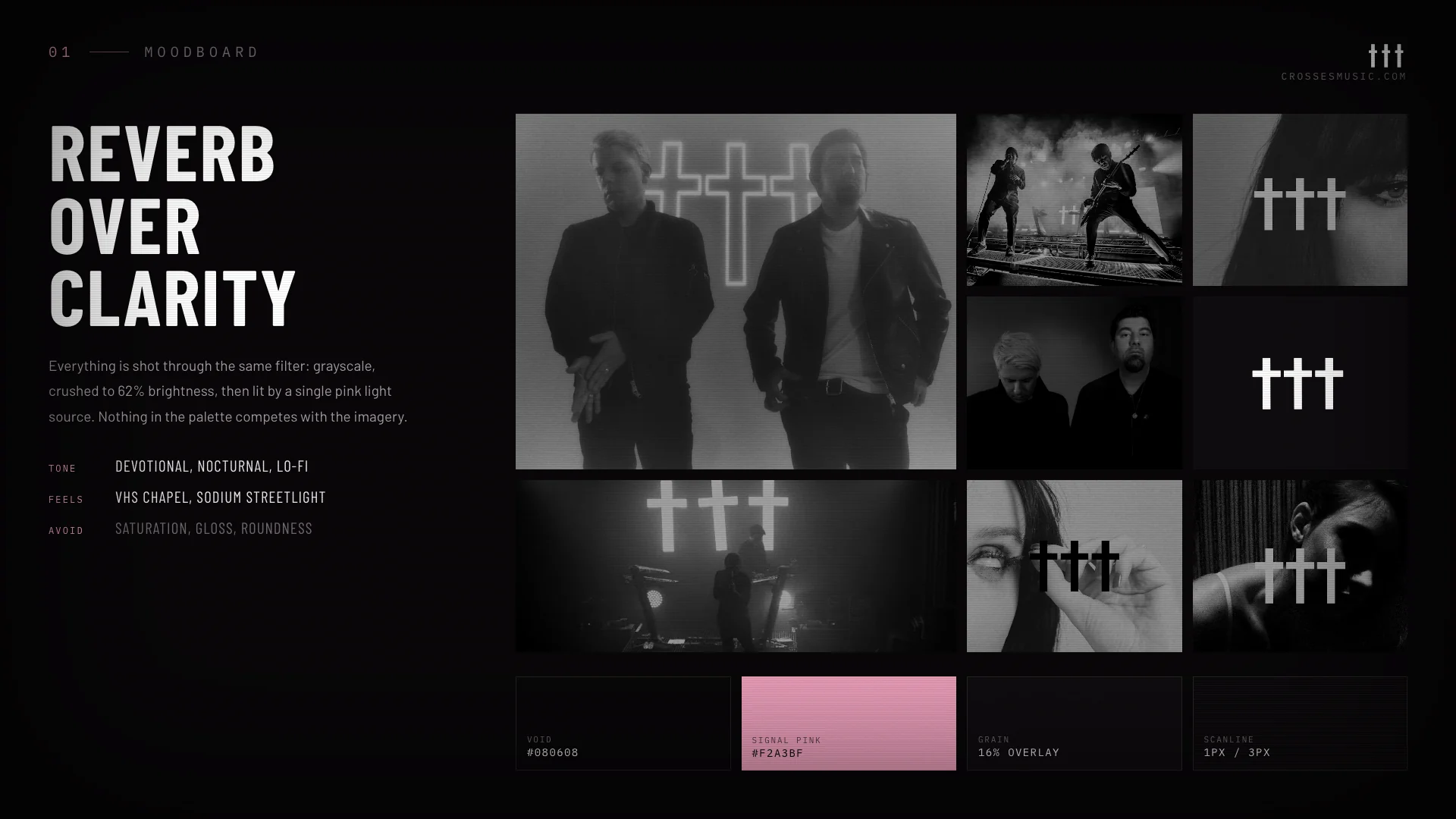 Crosses moodboard: monochrome photography, typography, and soft pink accents