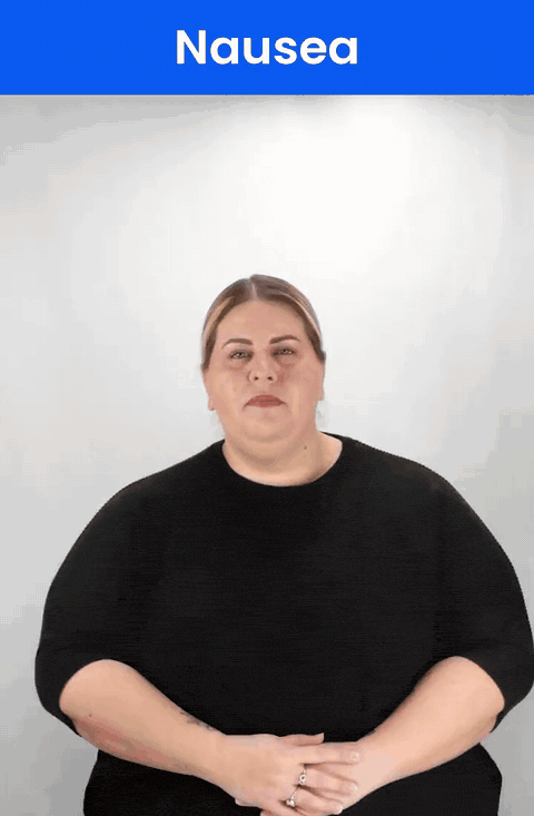 Animated GIF: a Deaf signer signs NAUSEA in ASL, a claw hand circling in front of the stomach.