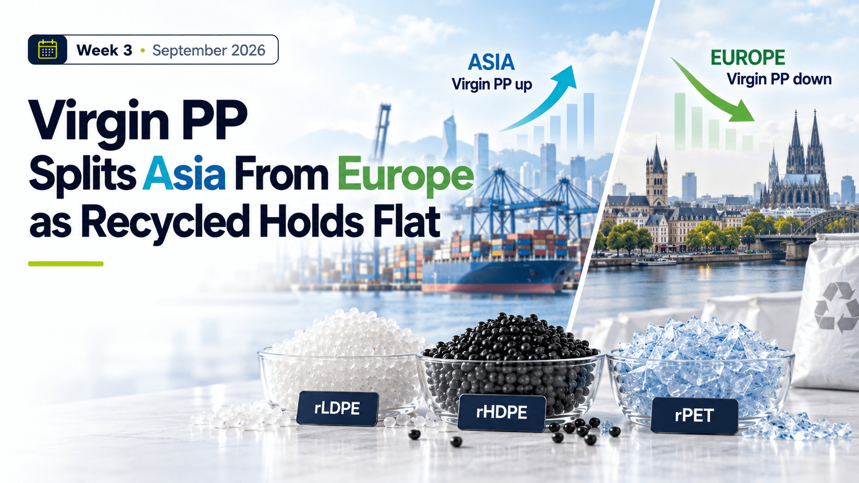 Virgin PP price divergence between Asia and Europe with rLDPE, rHDPE pellets and rPET flake, September 2026 market update