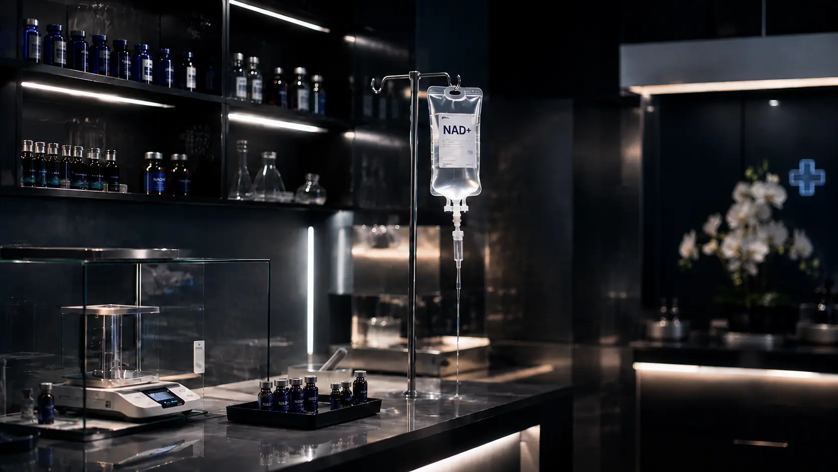 Dark clinic dispensary with an IV stand and shelves of bottles