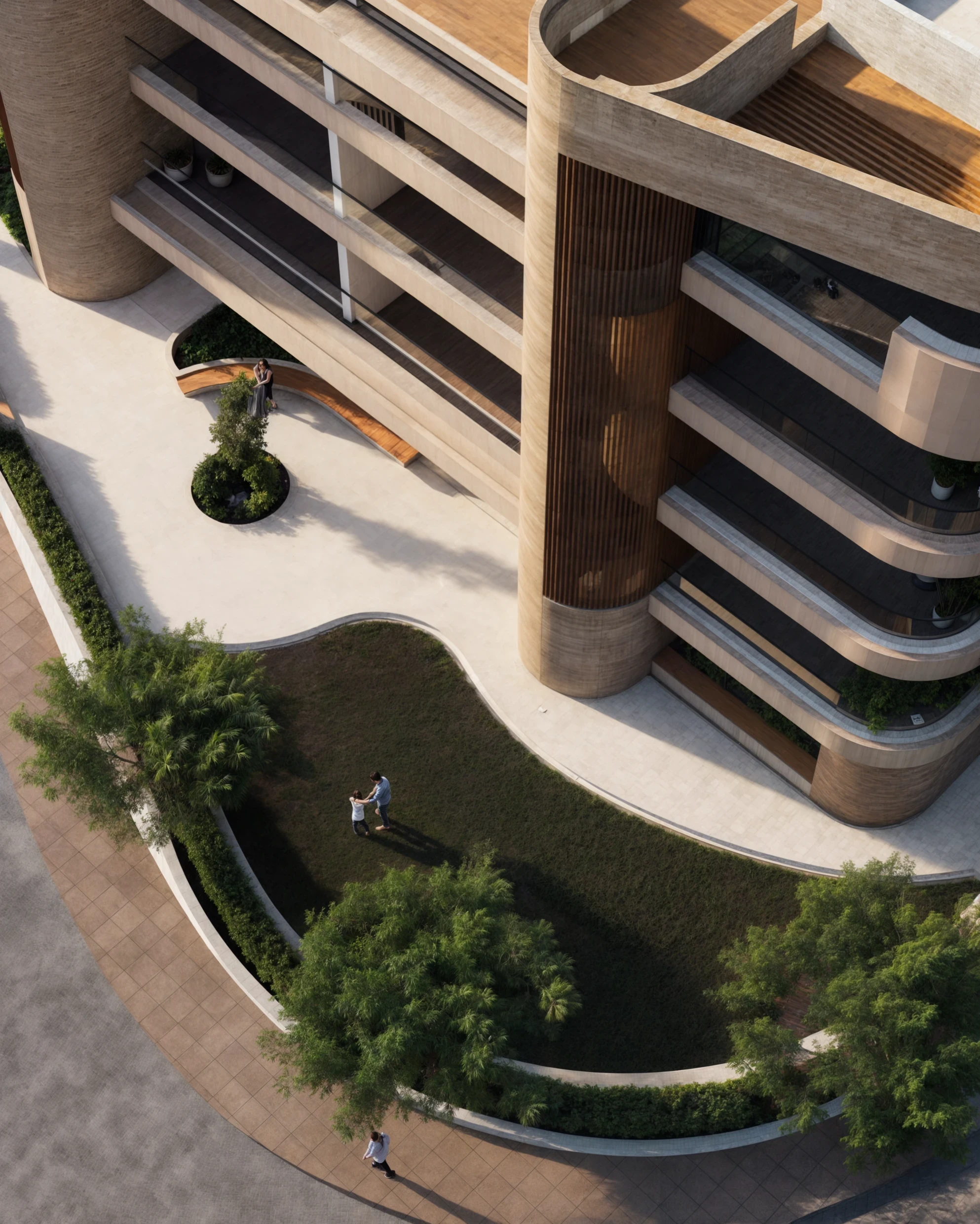 Aerial view of the entrance and planted edge — architectural visualisation