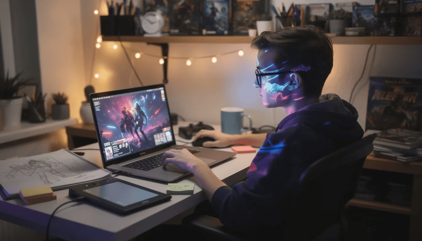 A person is seated at a laptop in a creative workspace, with vibrant game graphics illuminating their face, showcasing the essence of vibe coding and game development. The atmosphere reflects a blend of fun and exploration, as they engage with AI tools to bring their ideas to life through coding and design.