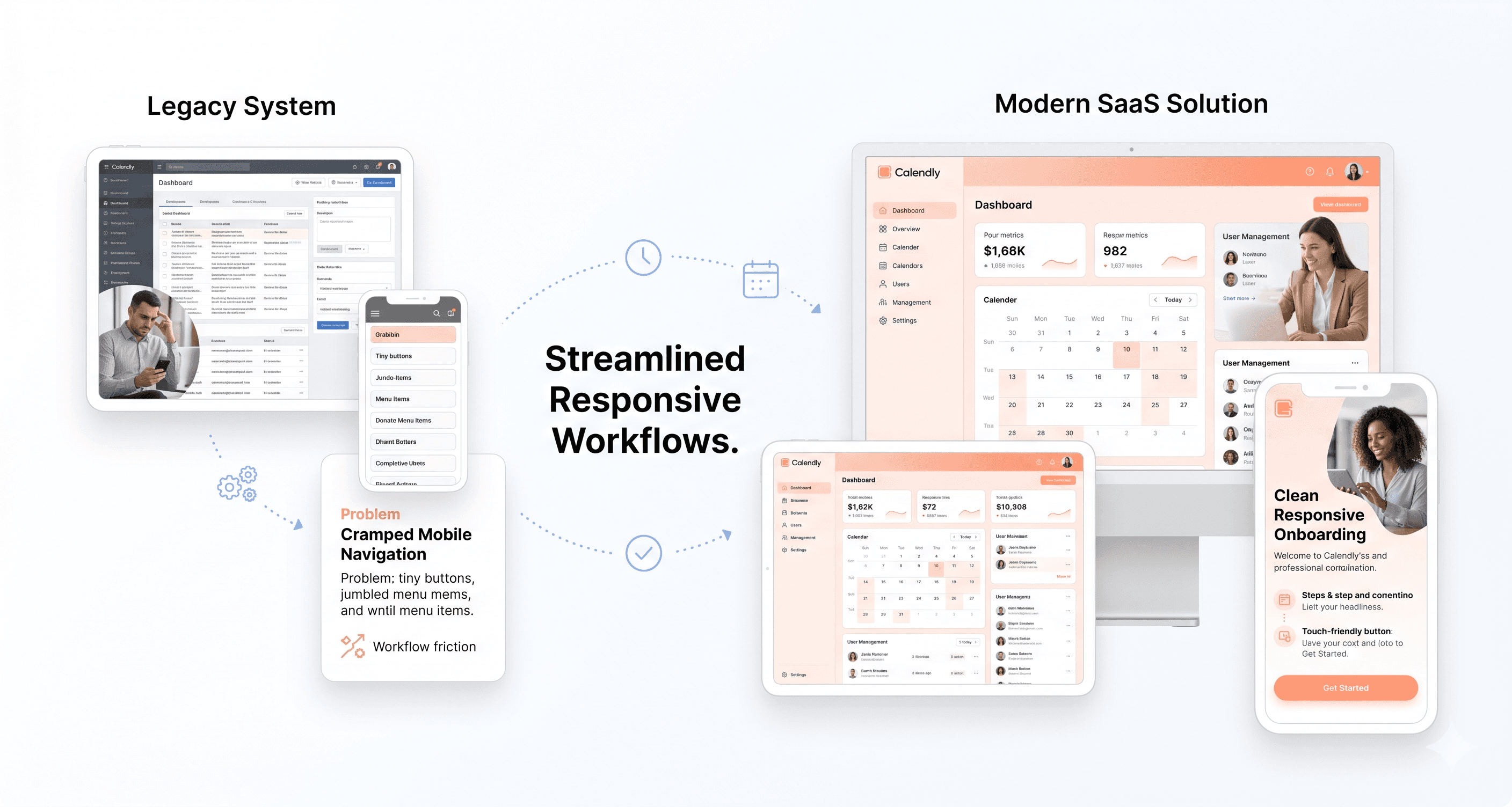 Responsive SaaS frontend comparison across desktop and mobile devices showing broken mobile layouts versus optimized responsive user experiences.