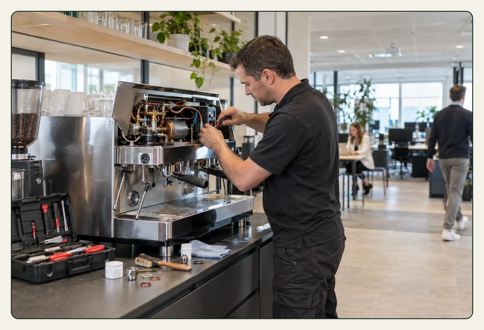 Monteur voert onderhoud uit aan een professionele koffiemachine op kantoor