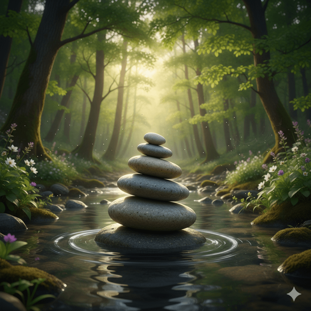 Zen stones and forest stream in Sector 89 Gurgaon residential landscape