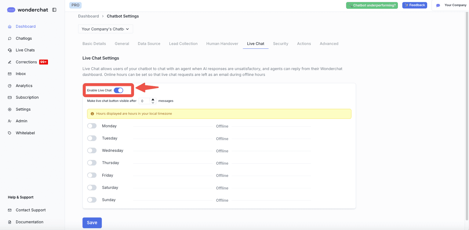 Wonderchat Enable Live Chat