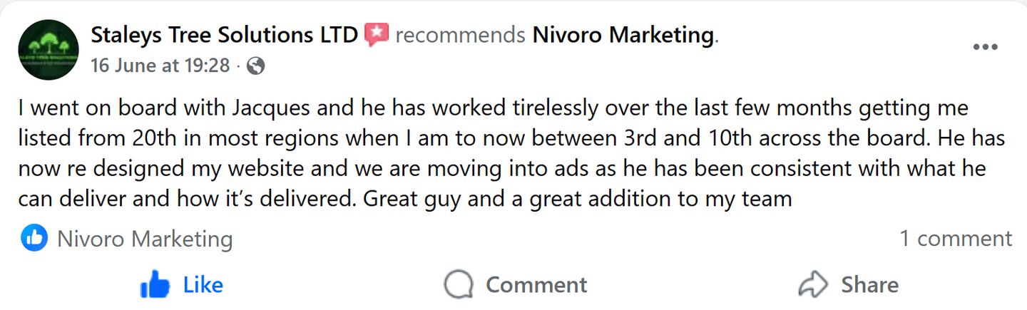 Staleys Tree Solutions' Facebook recommendation of Nivoro Marketing, 16 June 2026