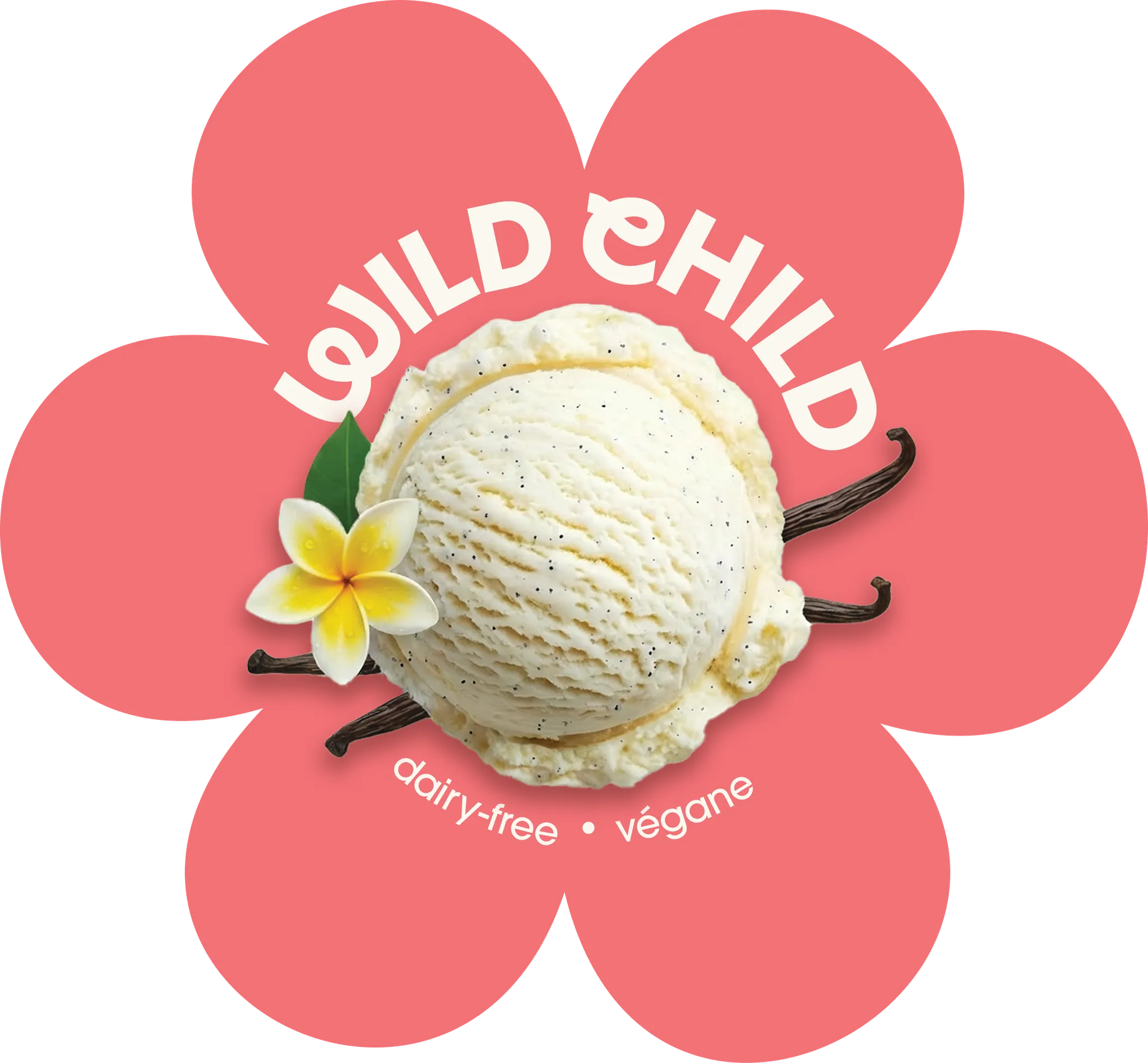 Wild Child text with a scoop of vanilla ice cream on a red flower.