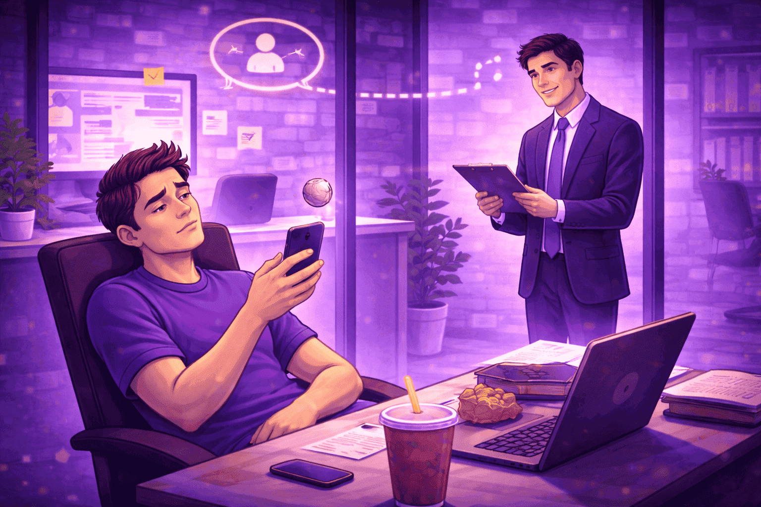 Unmotivated employee scrolling on a phone at a desk while a manager observes from a distance, overlooking signs of disengagement and lack of workload.