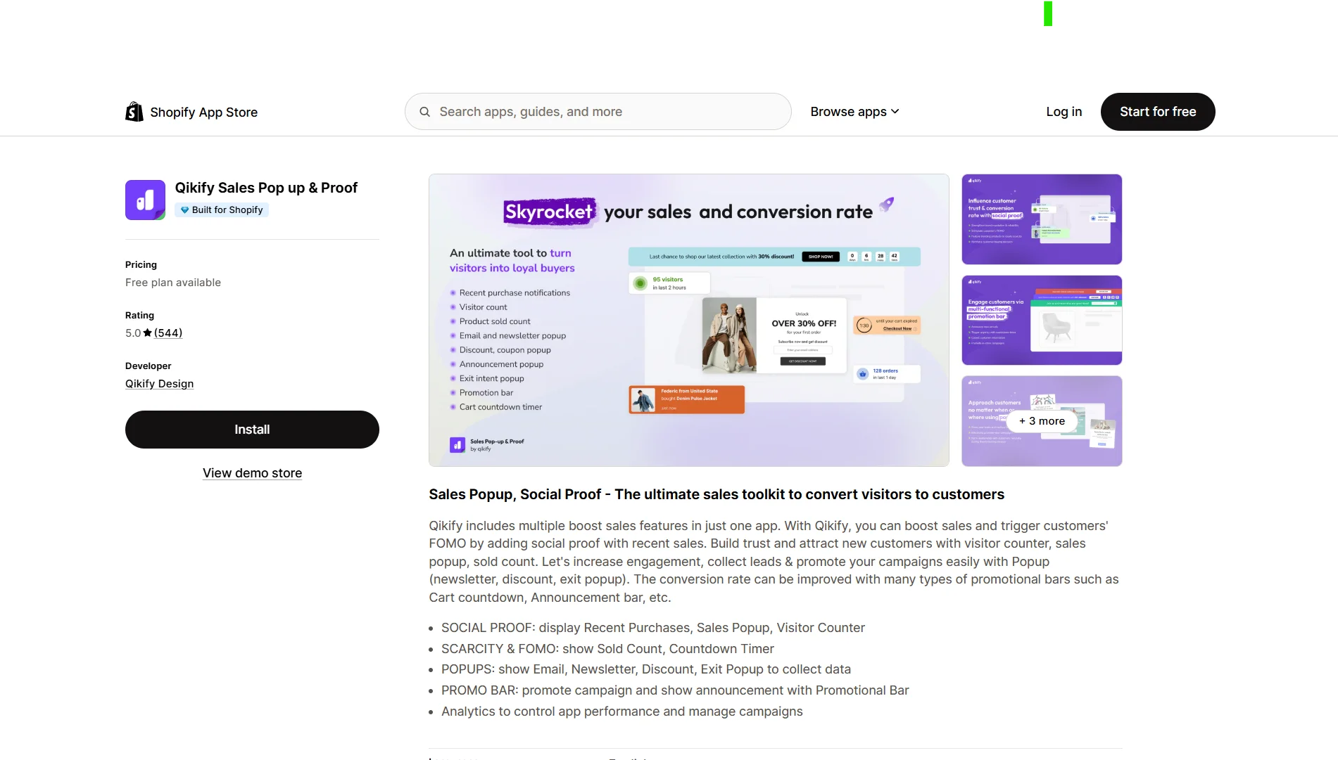 Qikify popup app listing page on the Shopify App Store