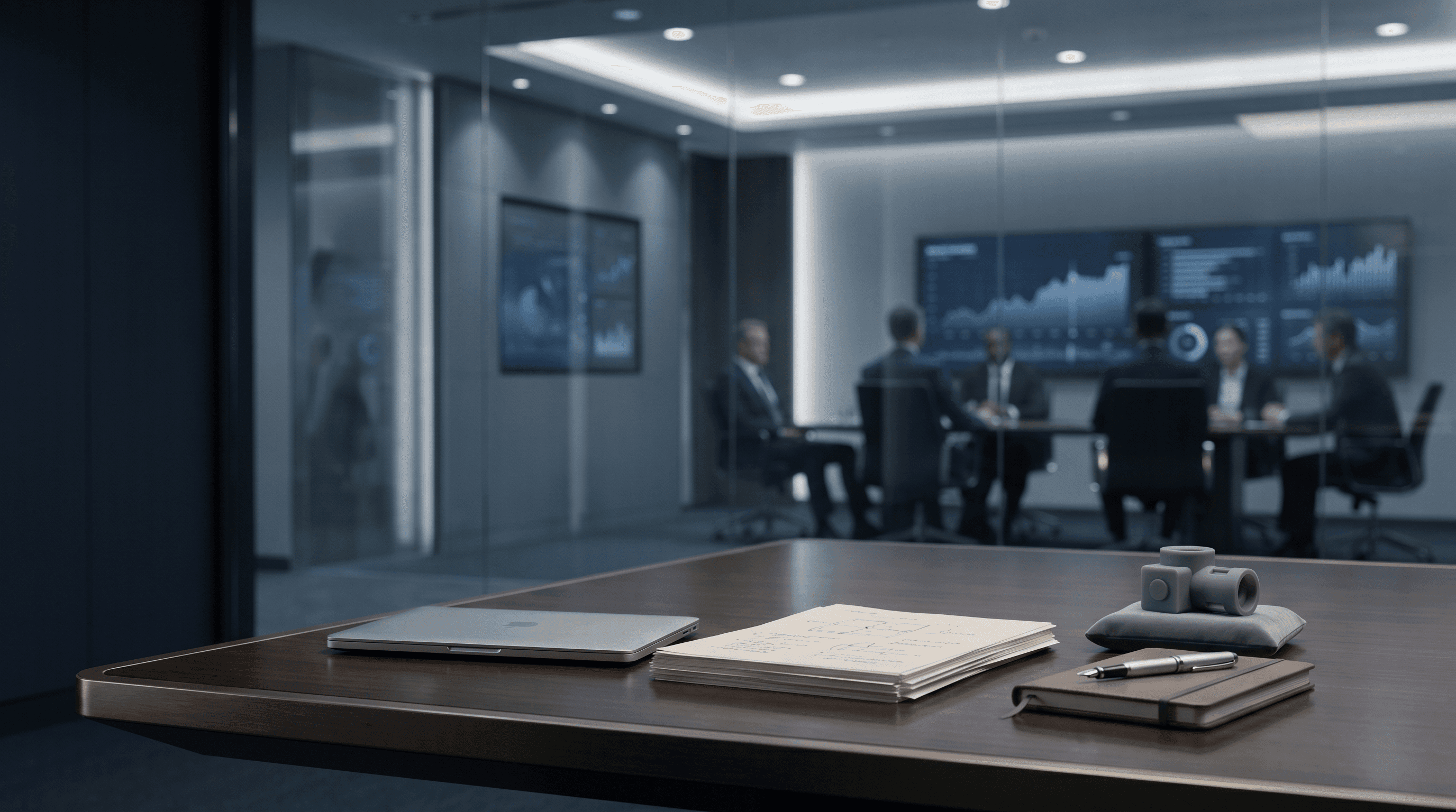 Founder investor readiness represented by a premium advisory table with pitch materials, market validation notes and institutional blue investment review lighting.