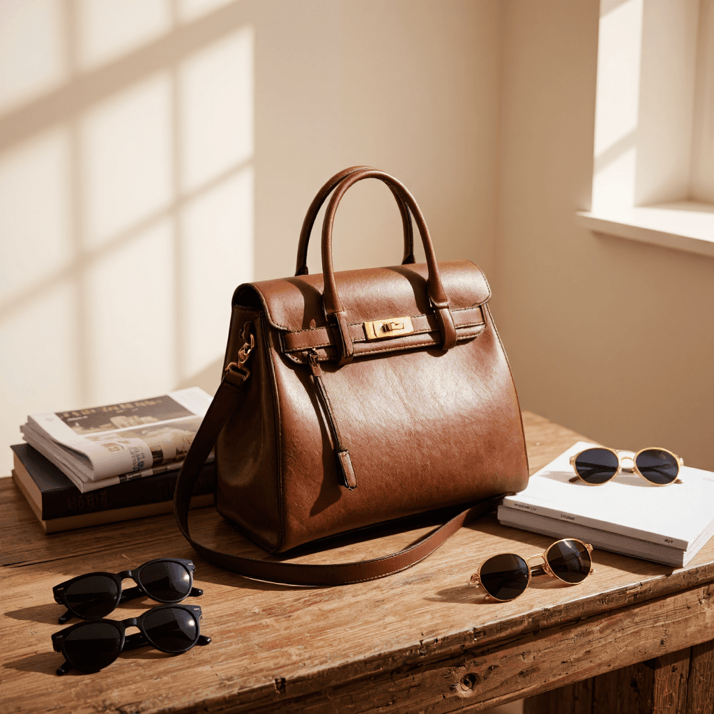 product photography of Leather handbag