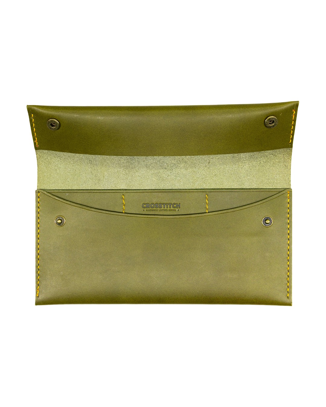 Handmade olive green leather wallet by Crosstitch Leather featuring snap buttons and a spacious interior.