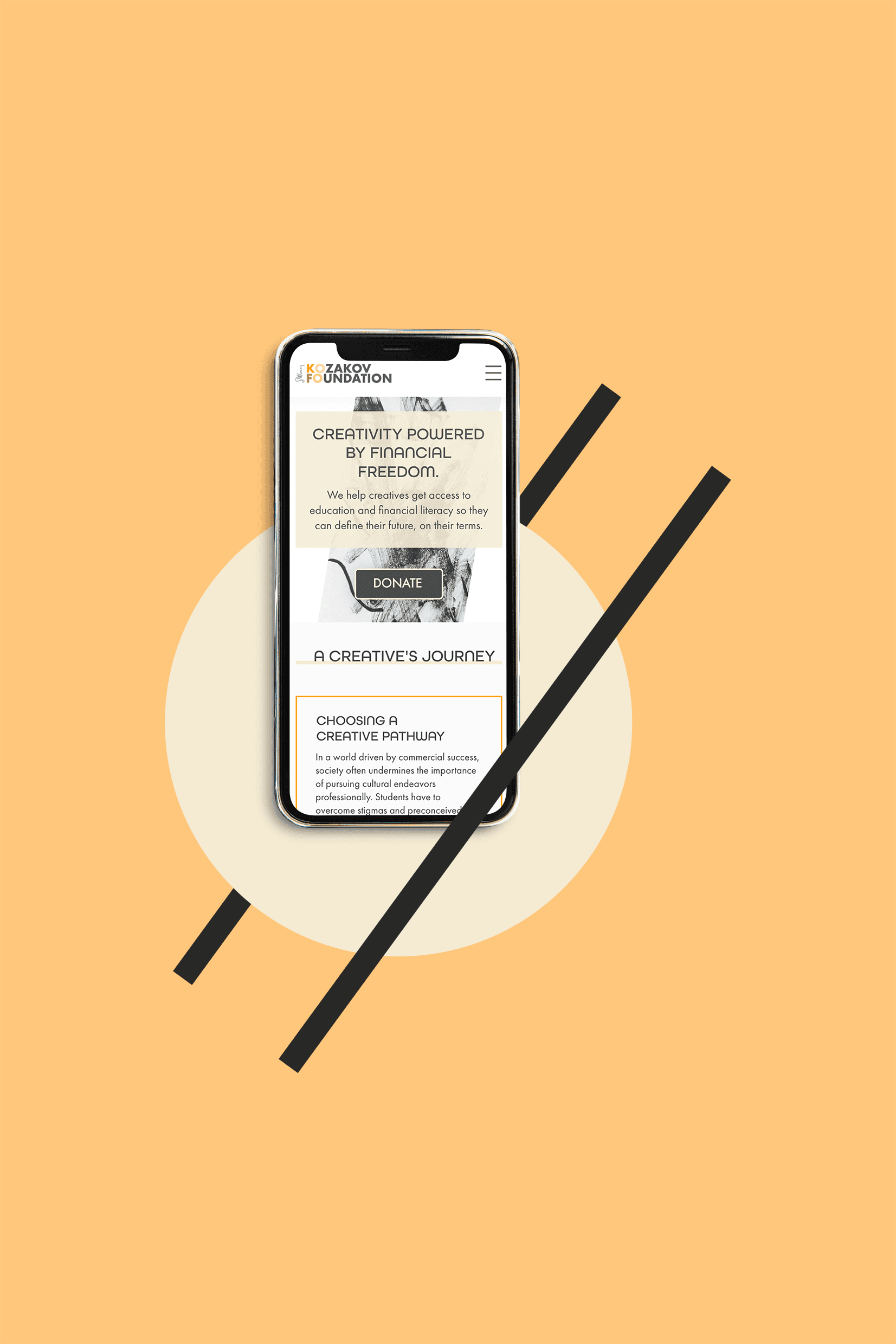 A smartphone displaying a website with a donate button, designed and developped by House Of Five Studio, set against a pastel peach background with geometric shapes.