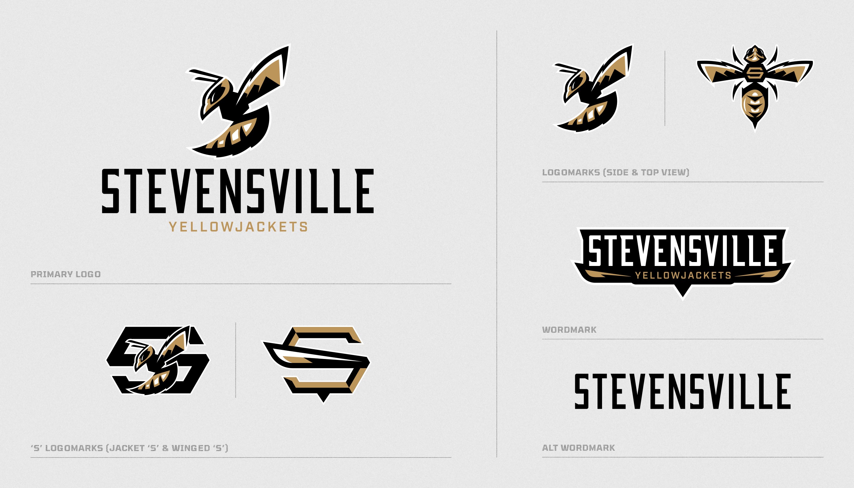 Stevensville yellowjacket logo system on light color background.