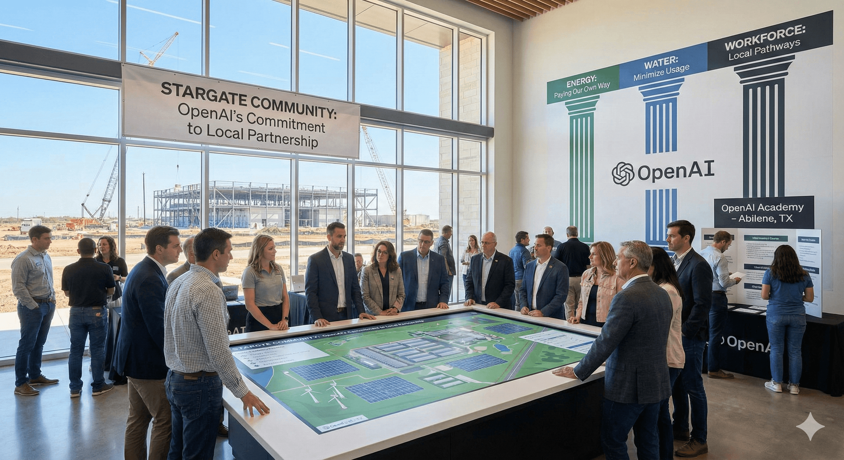 A group of people gather around a large digital display showcasing a detailed map, inside a spacious room with banners promoting "Stargate Community: OpenAI's Commitment to Local Partnership" and "OpenAI Academy - Abilene, TX" visible in the background.