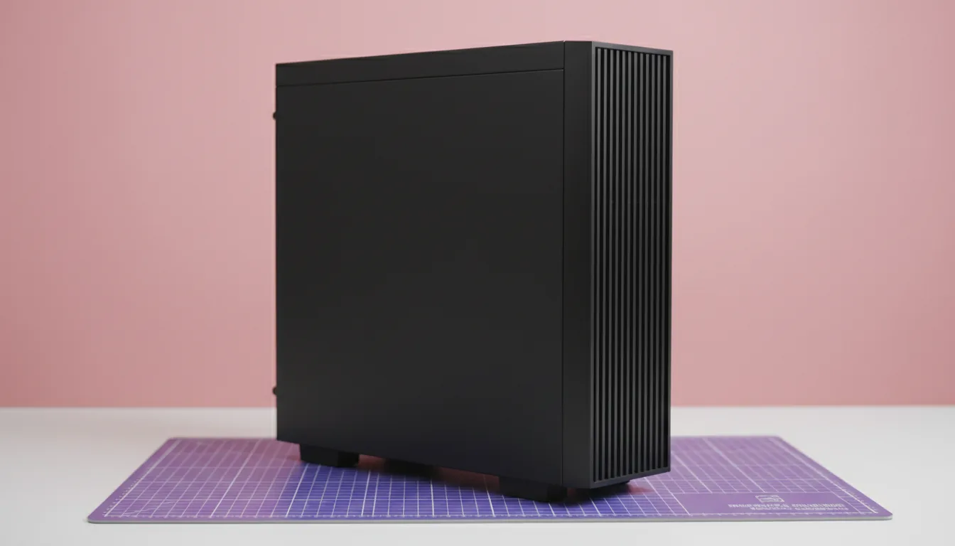 DSLR product photography of a minimalist, matte black PC workstation tower at a three-quarter view. The high-performance computer features clean, rectangular lines and a vertical row of ventilation slits on the side. It sits on a purple self-healing cutting mat with a white grid, placed on a white desk against a solid, soft pink studio background. The lighting is even, soft studio lighting, creating subtle highlights on the case with a sharp focus on the subject.