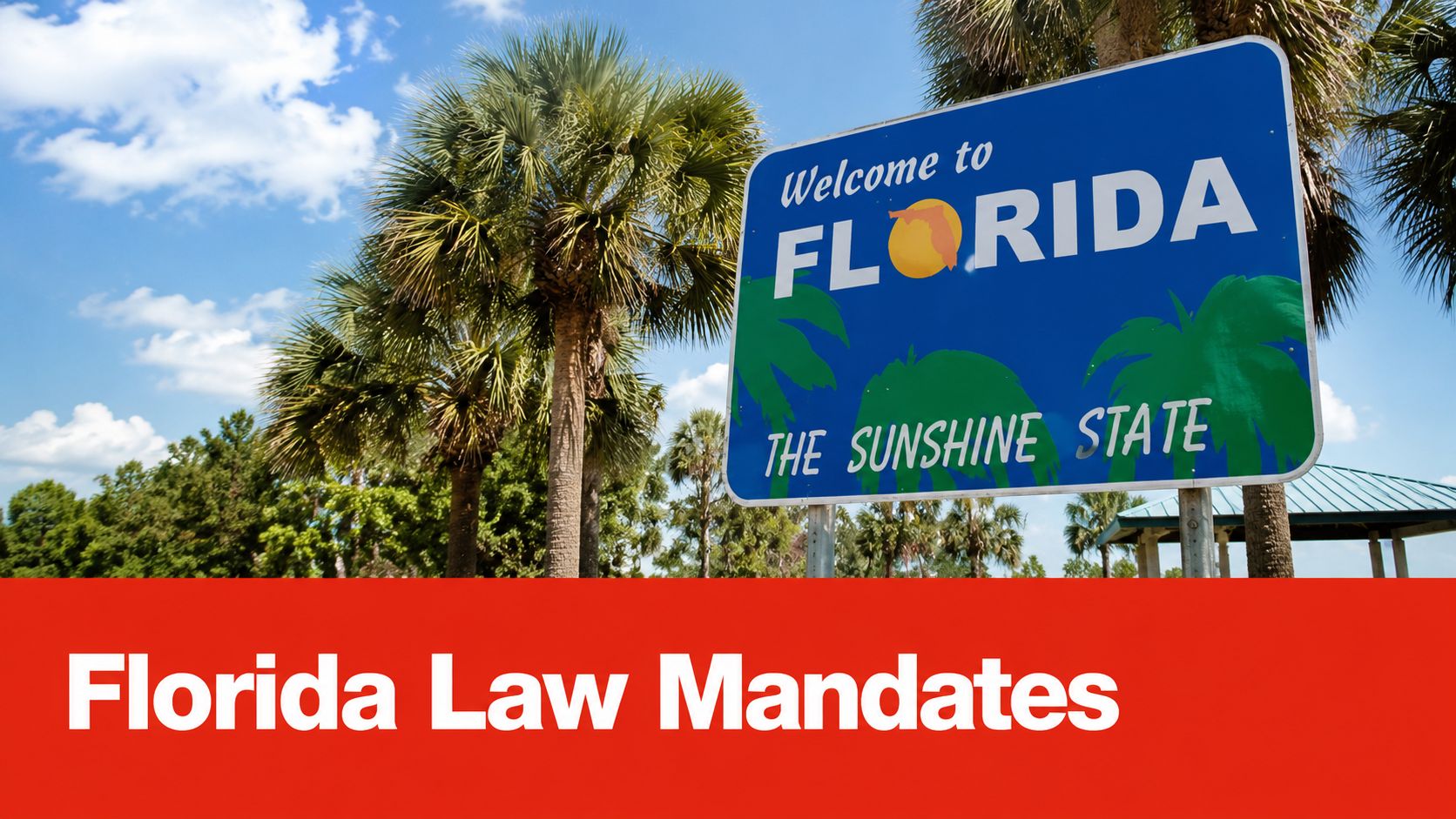 A welcoming road sign for the state of Florida surrounded by palm trees under a blue sky.