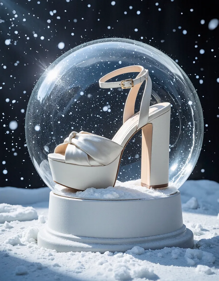 Elegant white platform heel with ankle strap displayed in a crystal snow globe against a snowy backdrop with falling snowflakes