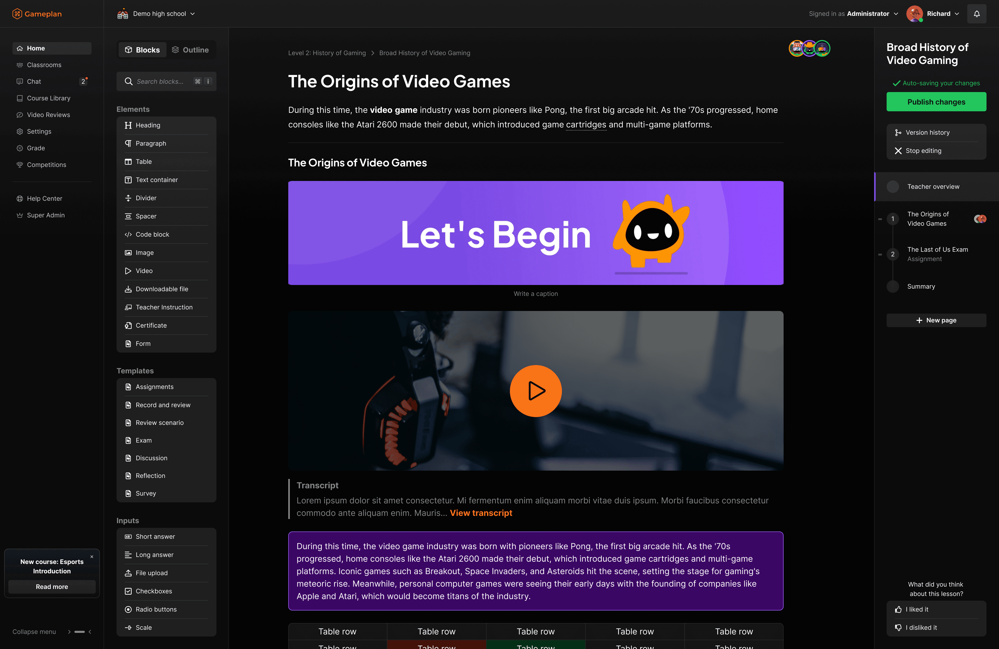 A screenshot of the Gameplan dashboard displayed in a web browser. At the top center is a large featured banner with a 3D character image promoting a course or certification. Below it is a weekly calendar view showing scheduled lessons with thumbnail images and progress indicators. A left sidebar contains navigation icons for sections like classes, library, files, and chat, while a right sidebar includes a “Get started” checklist, quick links, and a list of items awaiting grading. The layout is clean and modern, with light backgrounds and organized content panels.
