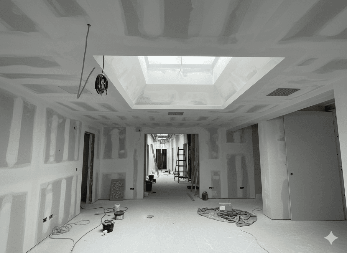 Sanierungsarbeiten in einem Wohnhaus mit Trockenbauwänden und Deckenaufbau.