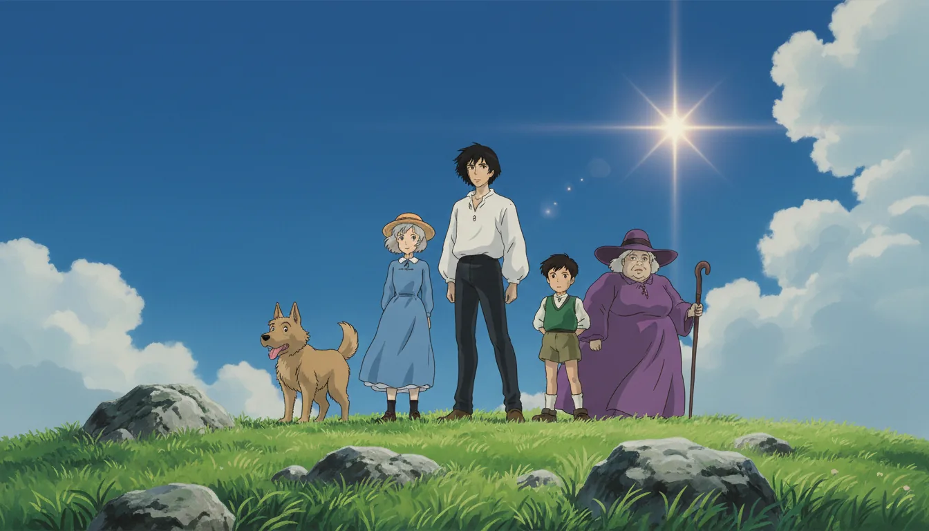 A wide-angle anime film screenshot in the distinct art style of Hayao Miyazaki and Studio Ghibli, featuring the characters from Howl's Moving Castle standing together on a grassy, rocky hilltop under a vast blue sky. From left to right: the shaggy dog Heen, young Sophie with short silver hair in a blue dress, tall Howl with black hair in a white shirt, the young boy Markl in a green vest, and the elderly Witch of the Waste in a purple dress. The sky is a vibrant cerulean blue with soft, painterly white clouds and a single brilliant, glowing star. The scene is lit by bright, natural daylight, creating a hopeful and serene atmosphere. Classic hand-drawn animation cel aesthetic with detailed linework and watercolor backgrounds.