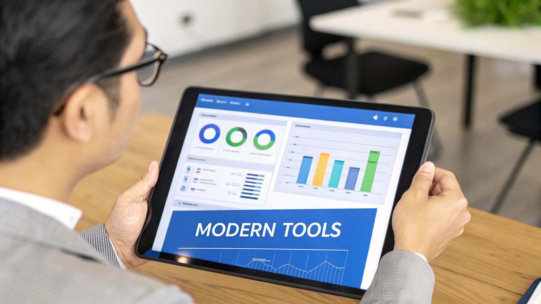 A modern, clean dashboard on a laptop screen showing colorful charts and graphs, representing user-friendly BI tools.