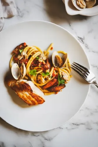 Colorful seafood dish with vegetables and sauce presentation