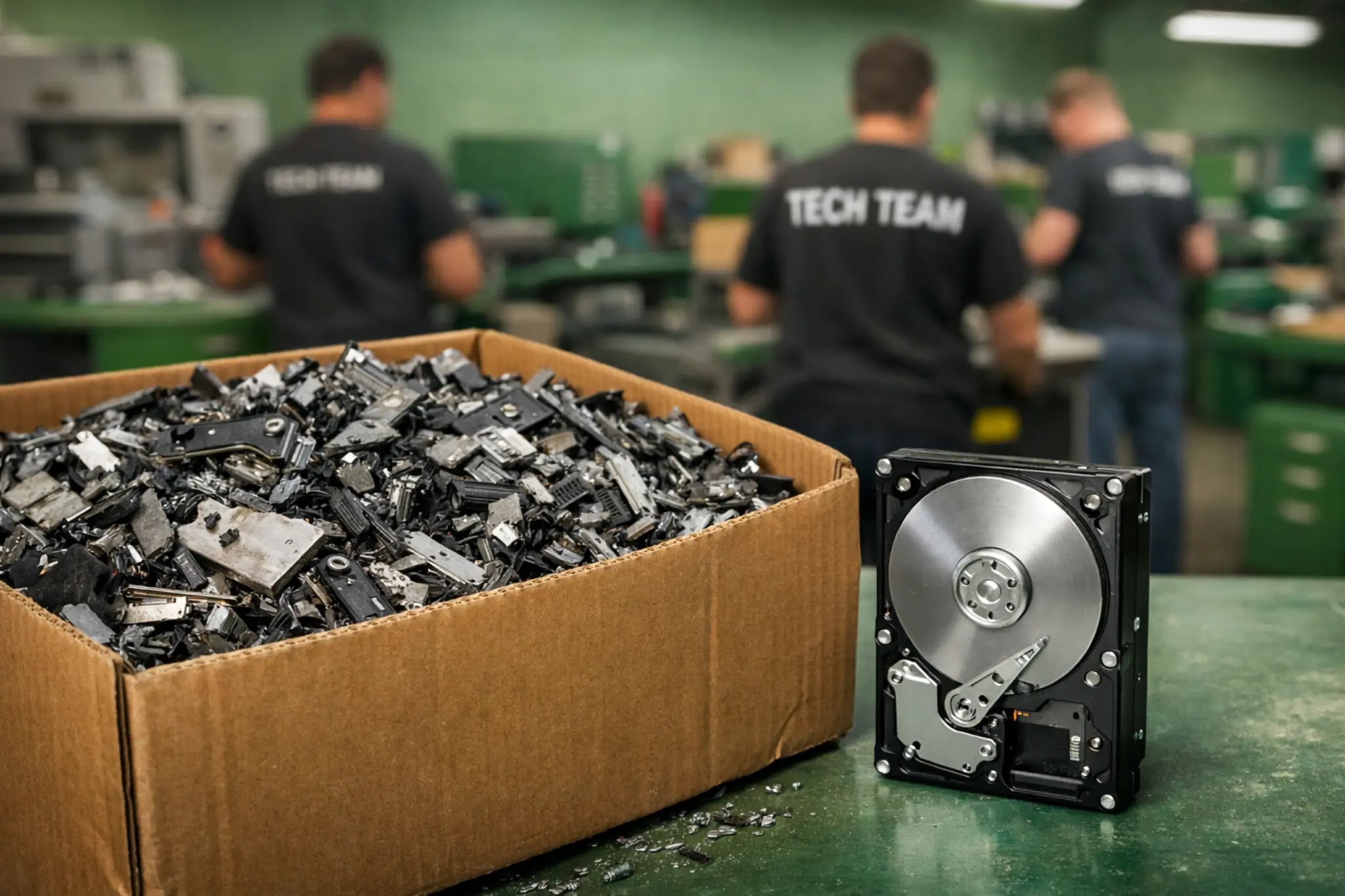 Box of shredded hard drives and electronic components with an intact hard drive in foreground, representing secure data destruction and IT asset disposal