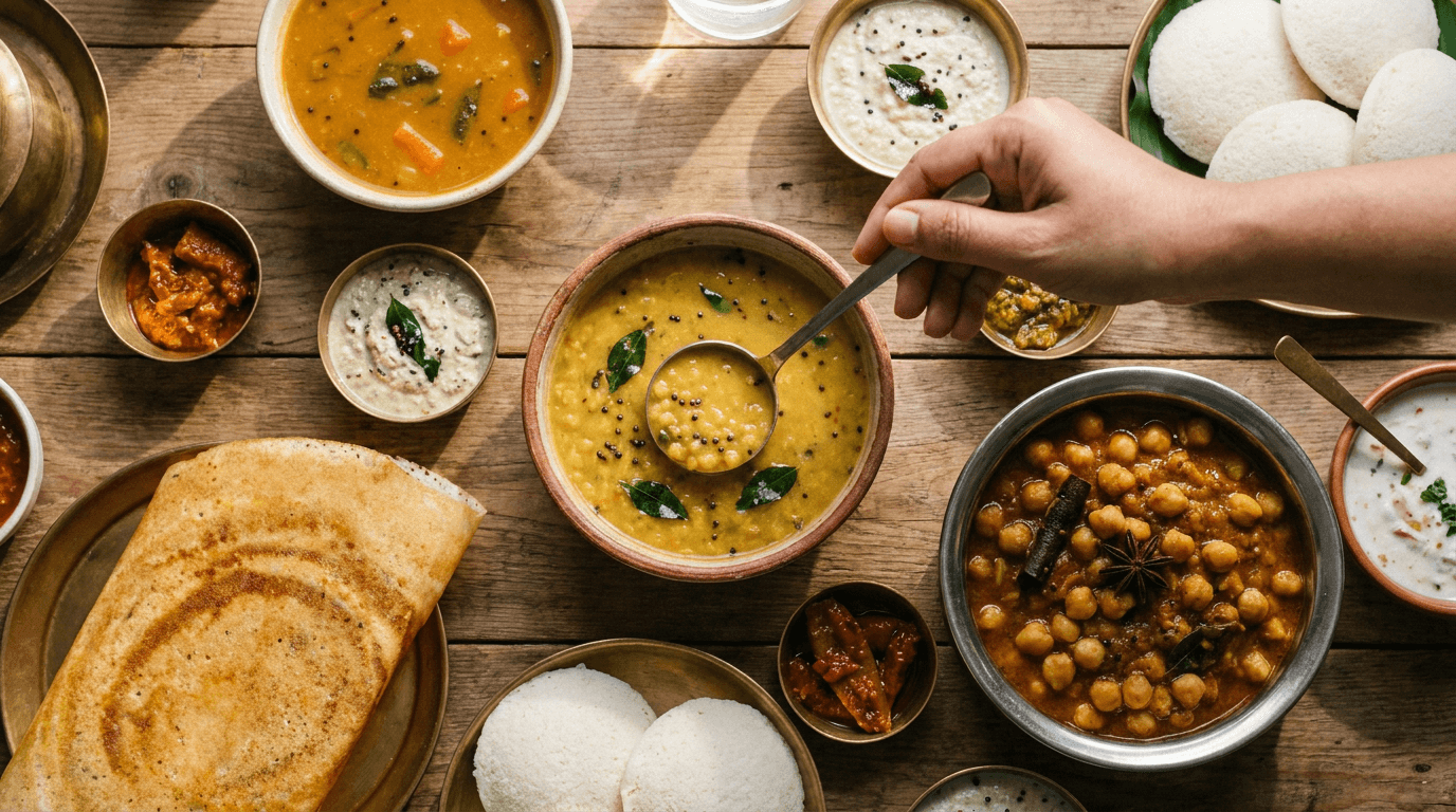 gluten free Indian food spread with dosa idli dal and chickpea curry