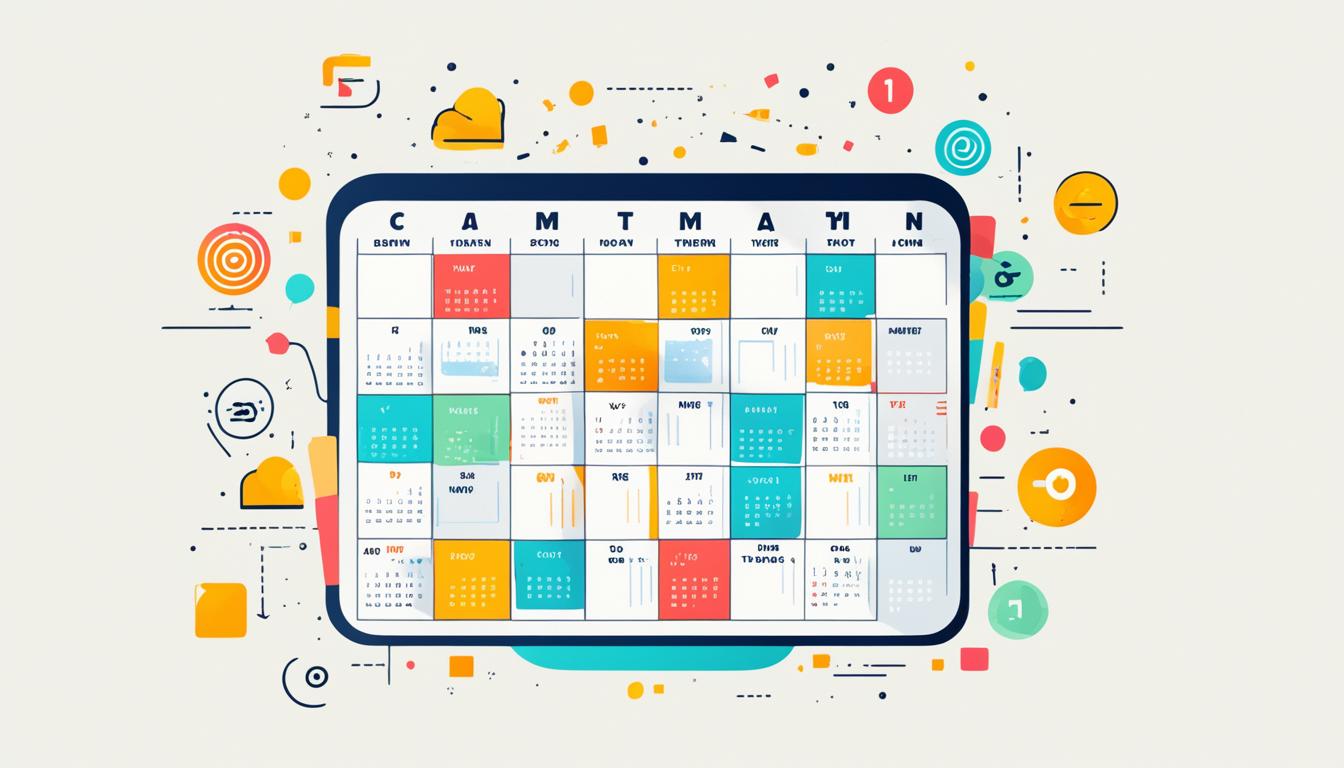 An abstract representation of a calendar with different colored boxes indicating the ideal days and times for posting on Instagram, along with icons of various types of content (such as images, videos, and stories) to indicate the variety of content that should be included in a well-rounded posting schedule. The colors should be eye-catching but not overwhelming, and the icons should be simple and easy to recognize.